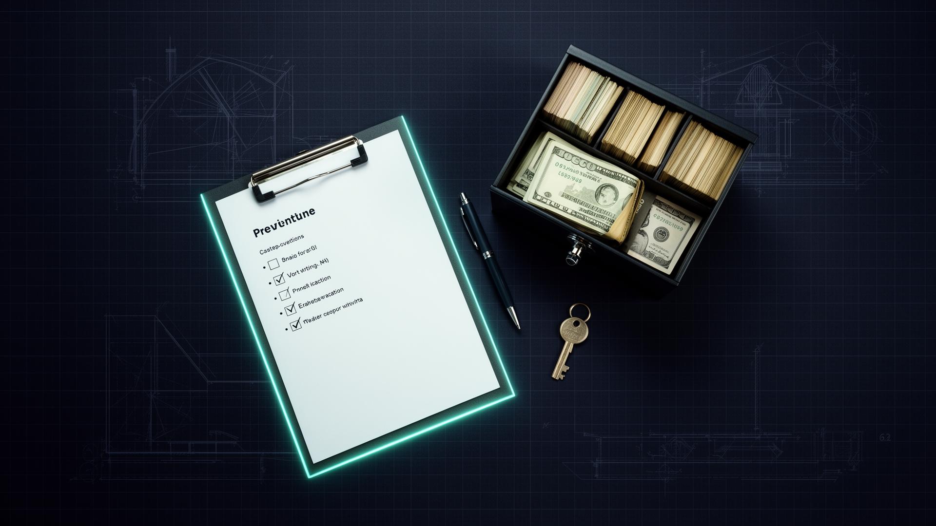 Daily retail store audit clipboard and cash drawer on a navy blueprint background