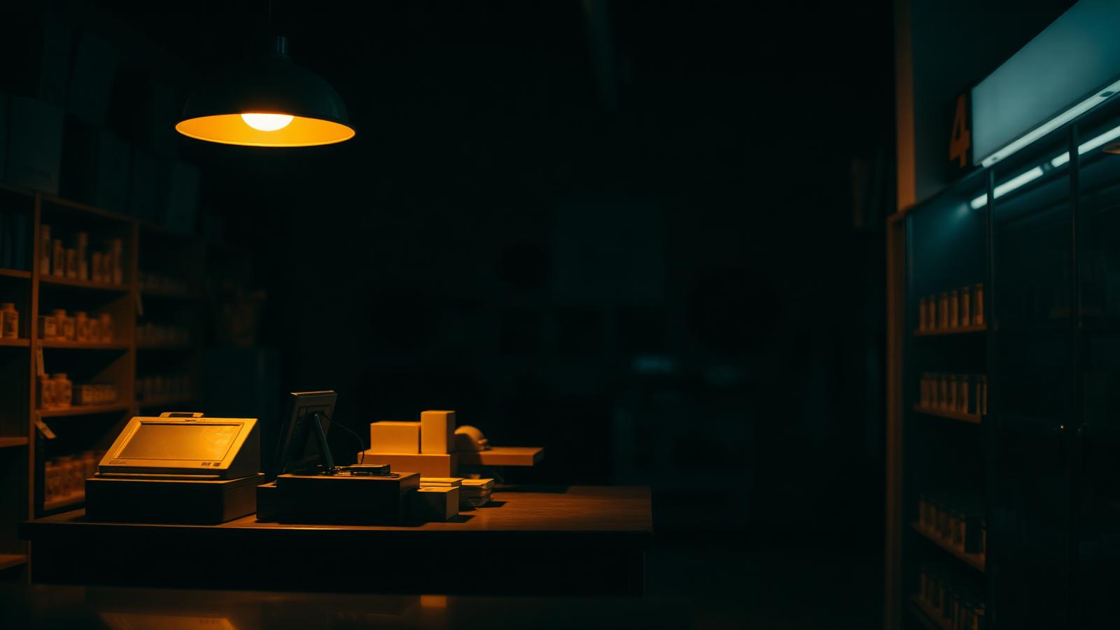 An empty retail checkout counter at night, warm pendant light overhead — the moment when opportunity meets an unwatched register.