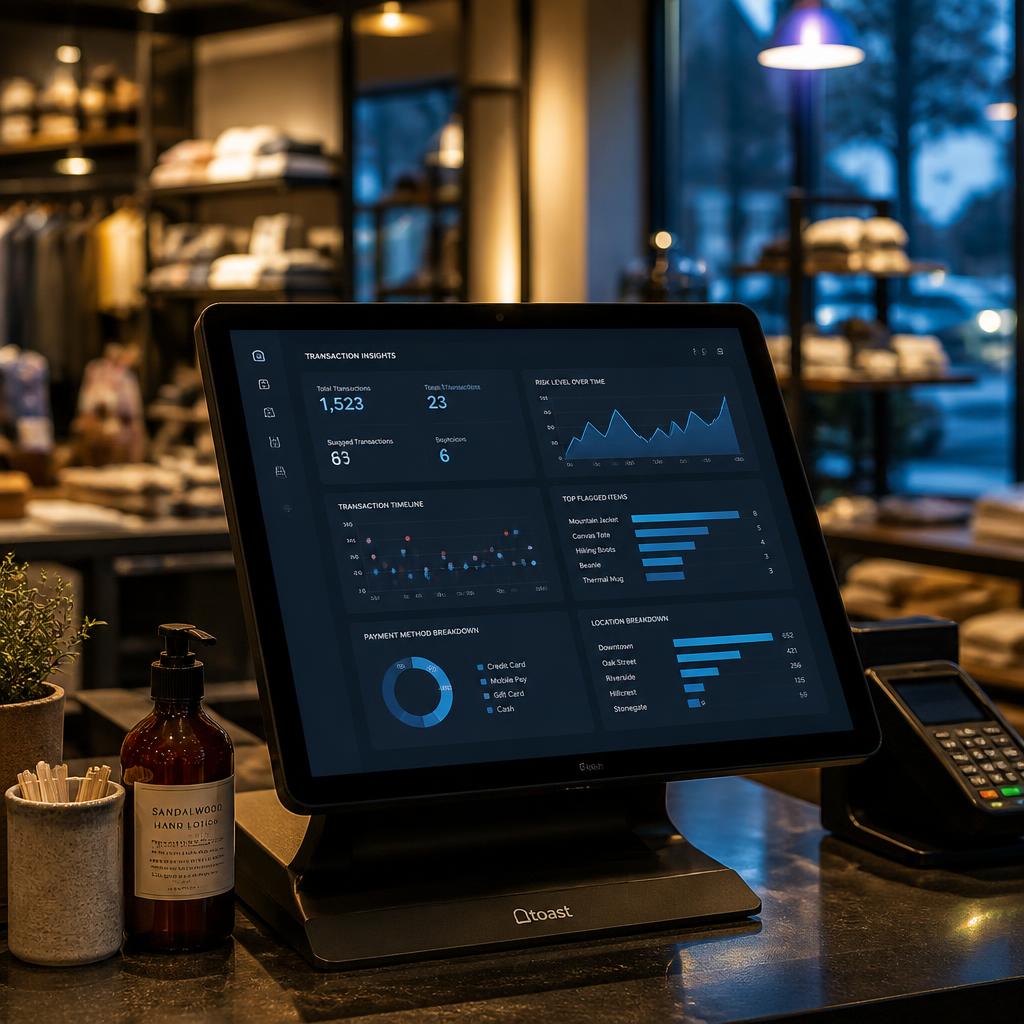 A modern retail checkout terminal at dusk displaying transaction insights and pattern analysis — a visualization of internal theft detection through operational visibility.