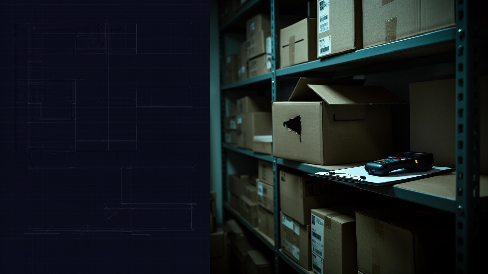 Small retail stockroom with neatly stacked boxes, one slightly damaged, on a navy blueprint background