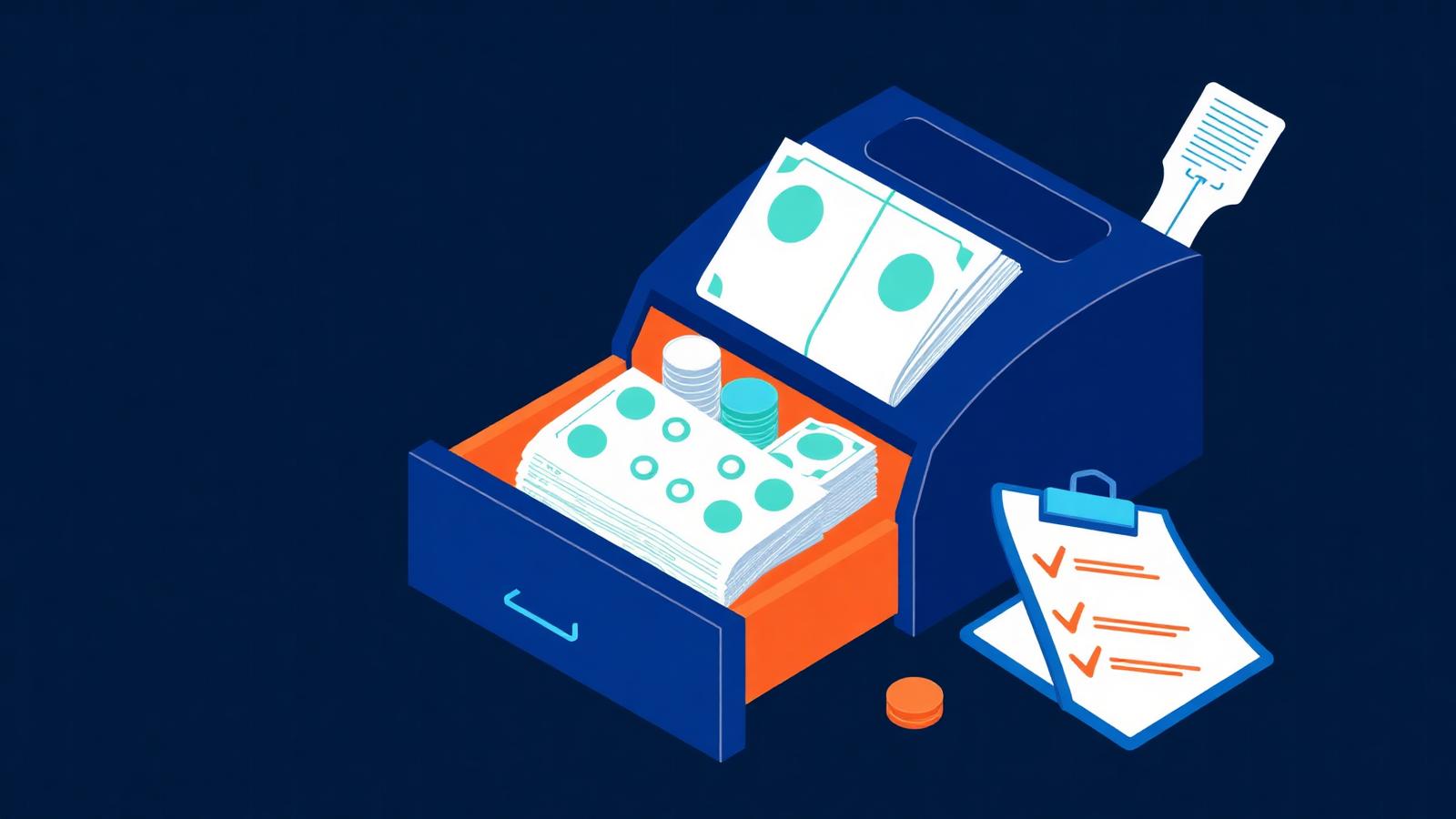 Open cash register drawer with neatly stacked bills, coins, and a checklist clipboard — My LP Portal till audit illustration.