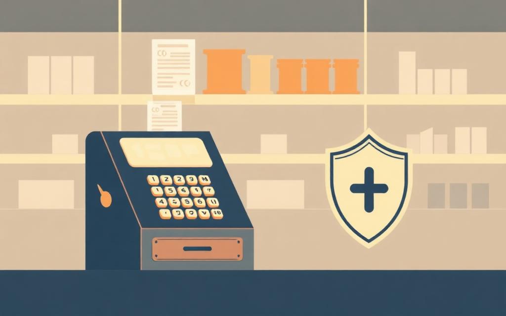 Illustration of a retail cash register beside a protective shield, representing internal theft prevention
