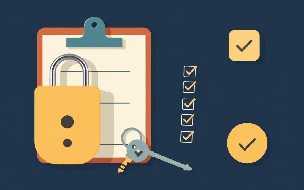 Illustration of a padlock, key, and checklist clipboard representing store safety and security procedures