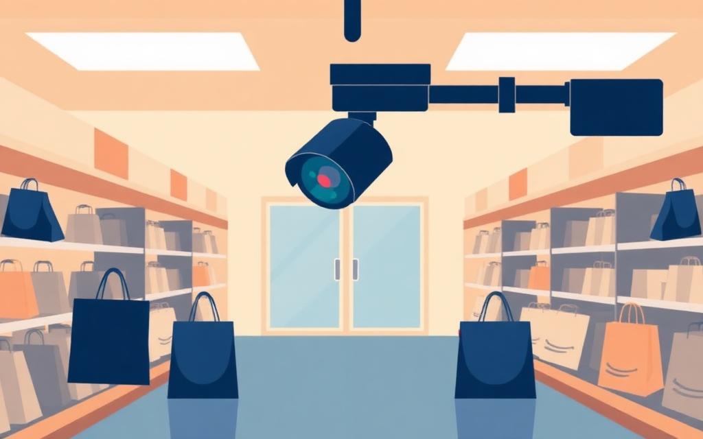 Illustration of a store security camera observing aisles with shopping bags, representing shoplifting awareness