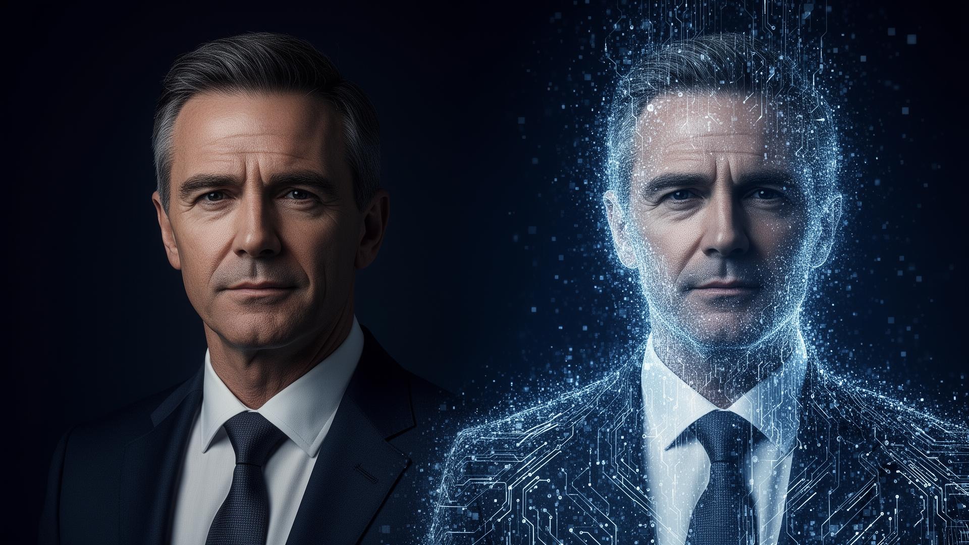 A man fading into a digital AI version of himself, symbolizing human intelligence amplified by AI